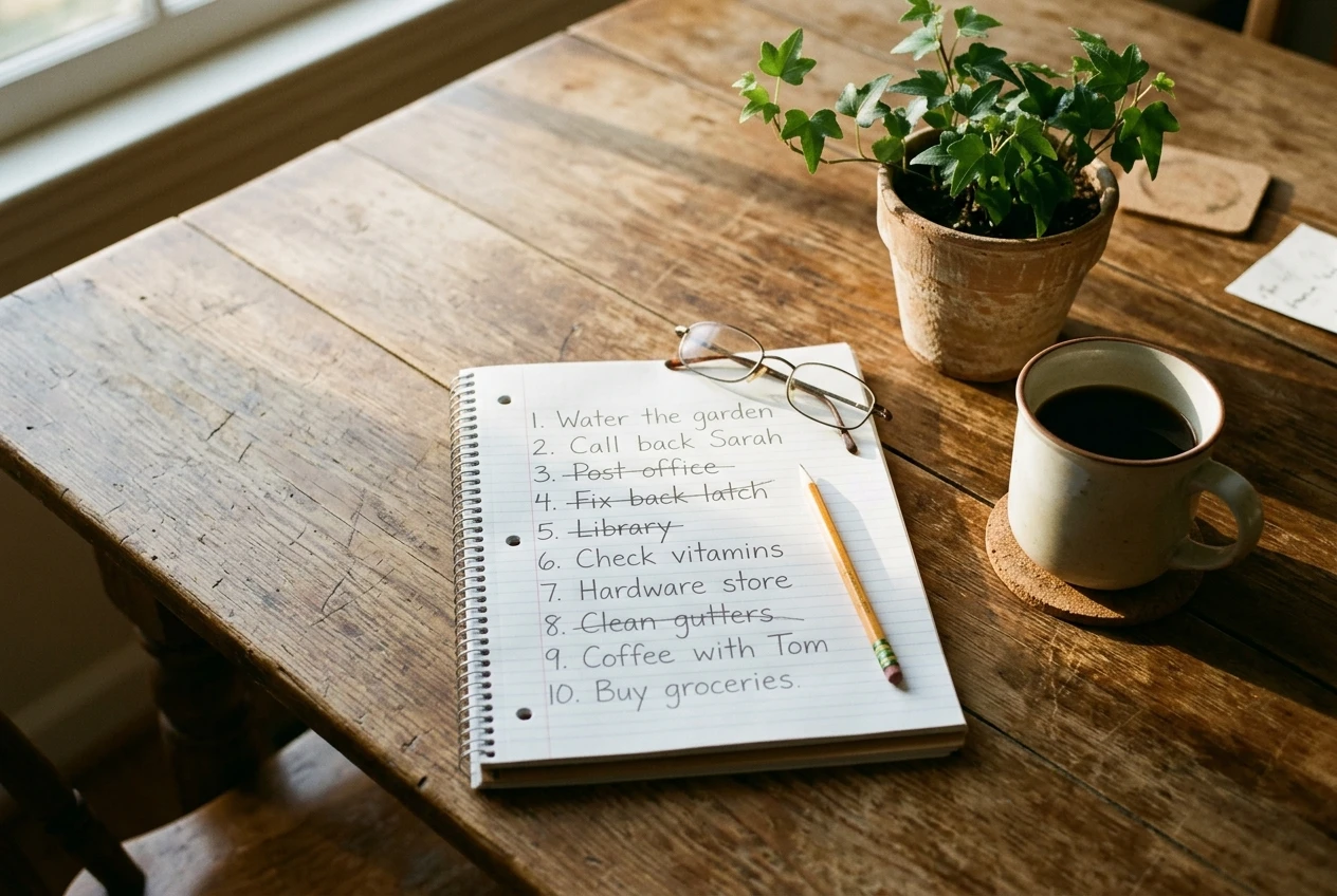 A retiree's wooden table with a spiral notebook open to a handwritten list of ten topics, some crossed out with a pencil line, beside a cup of coffee and a small plant, lit by gentle morning window light.
