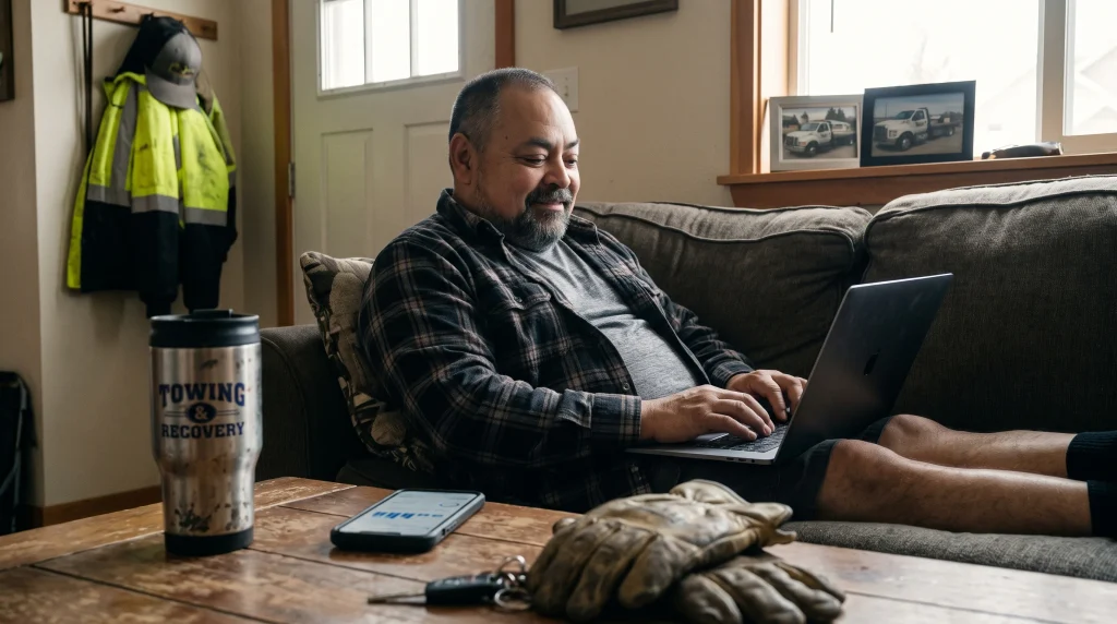 Michael Gray sitting on the couch working online and helping others.